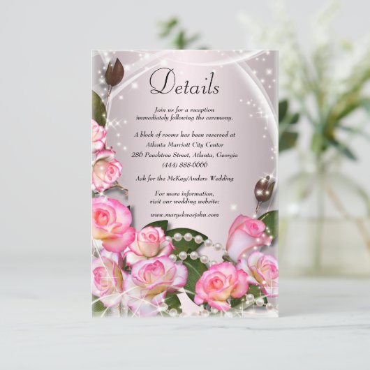 Elegante roze rozen en parels bruiloft details informatiekaartje (Staand voorkant)