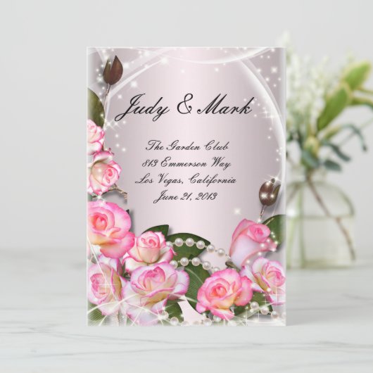 Elegante roze rozen en parels bruiloft menu Kaart (Staand voorkant)