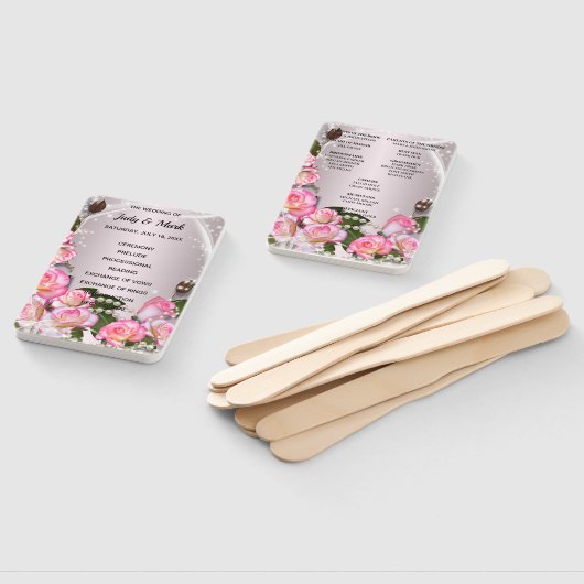 Elegante roze rozen en parels bruiloft programma handwaaier (Niet-gemonteerd)