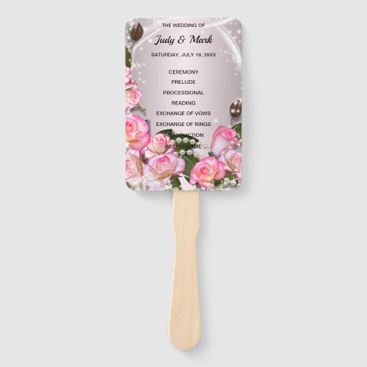 Elegante roze rozen en parels bruiloft programma handwaaier (Voorkant)