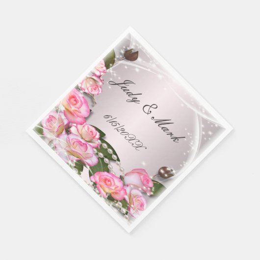 Elegante roze rozen en parels papieren servetten (Hoek)