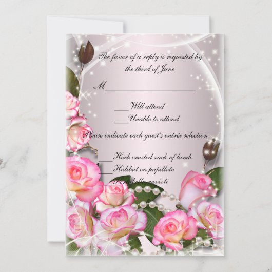 Elegante Roze Rozen En Parels Reactiekaart Kaart (Voorkant)
