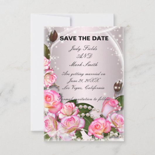 Elegante Roze Rozen En Parels Save The Date Kaart (Voorkant)
