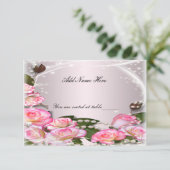 Elegante roze rozen en parels tafelplaatskaart kaart (Staand voorkant)