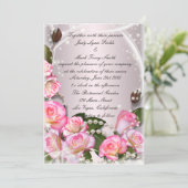 Elegante roze rozen en parels uitnodiging (Staand voorkant)