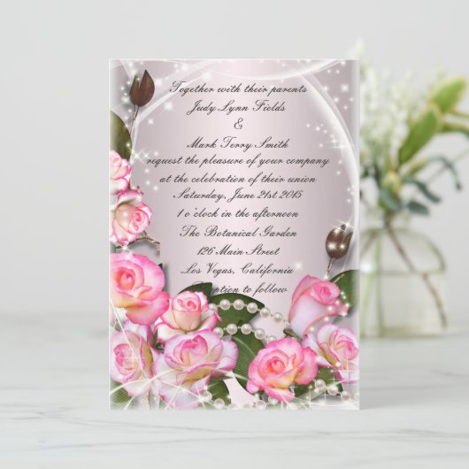 Elegante roze rozen en parels uitnodiging (Staand voorkant)