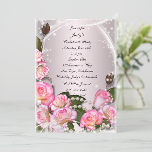 Elegante roze rozen en parels vrijgezellenfeest kaart (Staand voorkant)