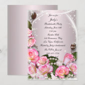 Elegante roze rozen en parels vrijgezellenfeest kaart (Voorkant / Achterkant)