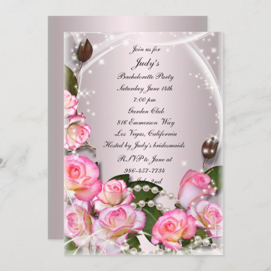 Elegante roze rozen en parels vrijgezellenfeest kaart (Voorkant / Achterkant)