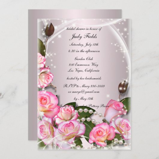 Elegante roze rozen en parels Vrijgezellenfeest ui Kaart (Voorkant / Achterkant)