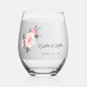 Elegante roze rozen en zilveren bruiloft wijnglas zonder voet (Voorkant)