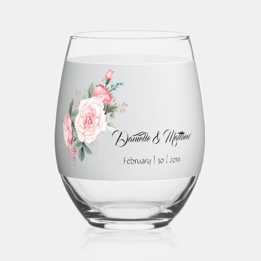 Elegante roze rozen en zilveren bruiloft wijnglas zonder voet (Voorkant)