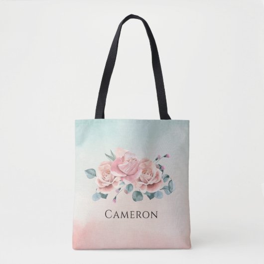 Elegante Roze Rozen Eucalypts Waterverf Bloemen Tote Bag (Voorkant)