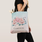 Elegante Roze Rozen Eucalypts Waterverf Bloemen Tote Bag (Dichtbij)