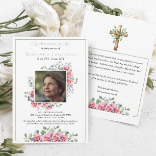 Elegante Roze Rozen Eucalyptus Groen Foto Funeral Kaart