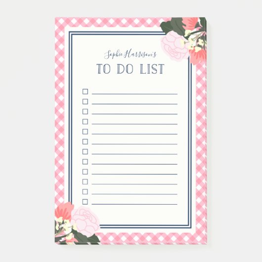 Elegante roze rozen Floral Gingham to do list Post-it® Notes (Voorkant)