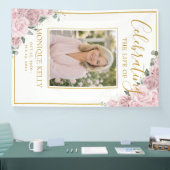 Elegante Roze Rozen Foto Funeral Memorial Spandoek (Beurs)