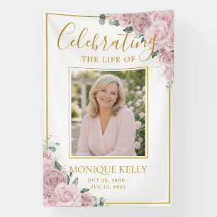 Elegante Roze Rozen Foto Funeral Memorial Spandoek