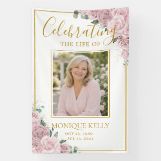 Elegante Roze Rozen Foto Funeral Memorial Spandoek