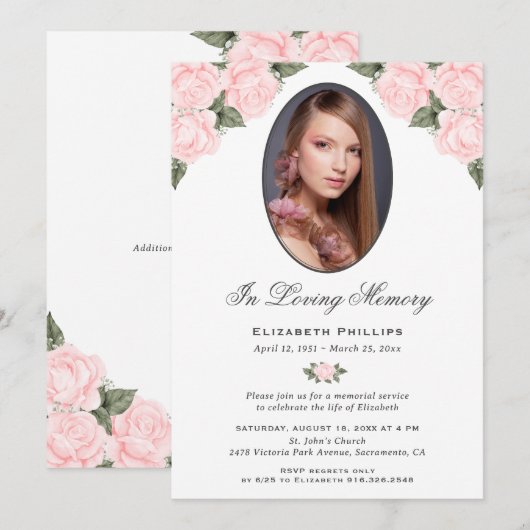 Elegante roze rozen foto in liefdevolle herinnerin kaart (Voorkant / Achterkant)