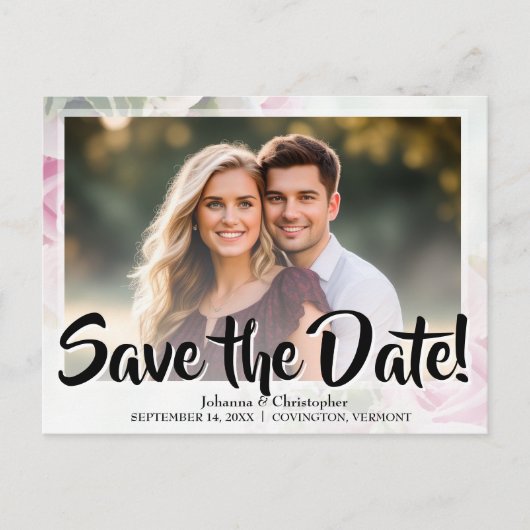 Elegante Roze Rozen Foto Save the Date Bruiloft Briefkaart (Voorkant)