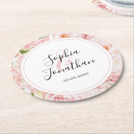 Elegante roze rozen gepersonaliseerde bruiloft ronde kartonnen onderzetter