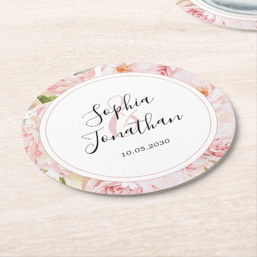 Elegante roze rozen gepersonaliseerde bruiloft ronde kartonnen onderzetter (Gebogen)