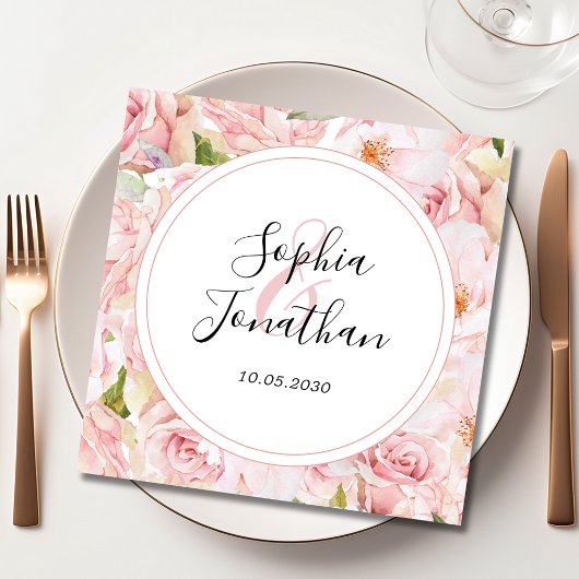 Elegante roze rozen gepersonaliseerde bruiloft servet