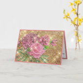 Elegante  Roze Rozen Gouden Glitter Kaart (Gele Bloem)