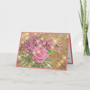 Elegante  Roze Rozen Gouden Glitter Kaart