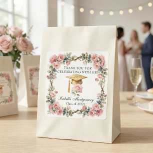 Elegante Roze Rozen Gouden Hoed Afstudeer Dankjewe Vierkante Sticker