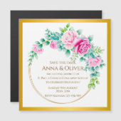 Elegante roze rozen gouden krans Save the Date Magnetische Uitnodiging (Voorkant / Achterkant)