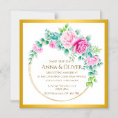 Elegante roze rozen gouden krans Save the Date Magnetische Uitnodiging (Voorkant)