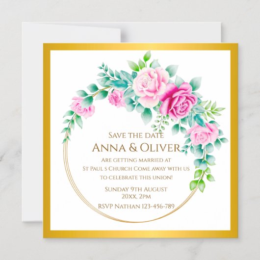 Elegante roze rozen gouden krans Save the Date Magnetische Uitnodiging (Voorkant)