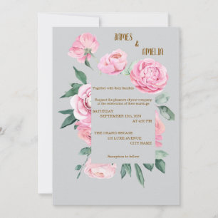 Elegante Roze Rozen & Grijze Bloemige Bruiloft Kaart