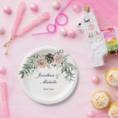 Elegante  Roze Rozen Groen Papieren Bordje (Feest)