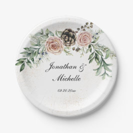 Elegante Roze Rozen Groen Papieren Bordje