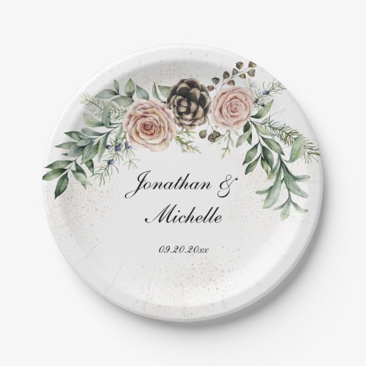 Elegante  Roze Rozen Groen Papieren Bordje (Voorkant)