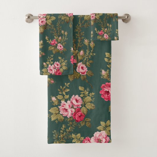 Elegante Roze Rozen-Groene Achtergrond Bad Handdoek (Insitu)