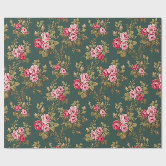 Elegante  Roze Rozen-Groene Achtergrond Cadeaupapier (Vlak)