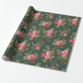 Elegante  Roze Rozen-Groene Achtergrond Cadeaupapier (Uitgerold)