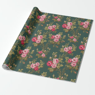 Elegante  Roze Rozen-Groene Achtergrond Cadeaupapier
