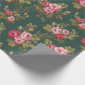 Elegante  Roze Rozen-Groene Achtergrond Cadeaupapier (Hoek)