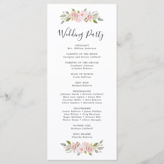 Elegante roze rozen kalligrafie bruiloft programmakaart (Achterkant)