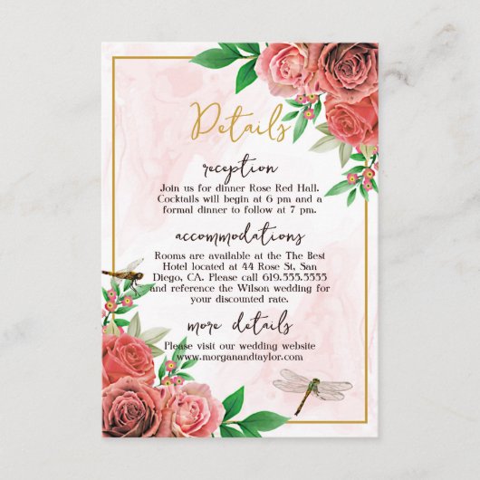 Elegante roze rozen & libellen receptie RSVP kaartje (Voorkant)