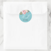 Elegante roze rozen lichtblauw romantische bruilof ronde sticker (Tas)