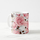 Elegante roze rozen, linten, bogen, monogrammen koffiemok (Voorkant links)