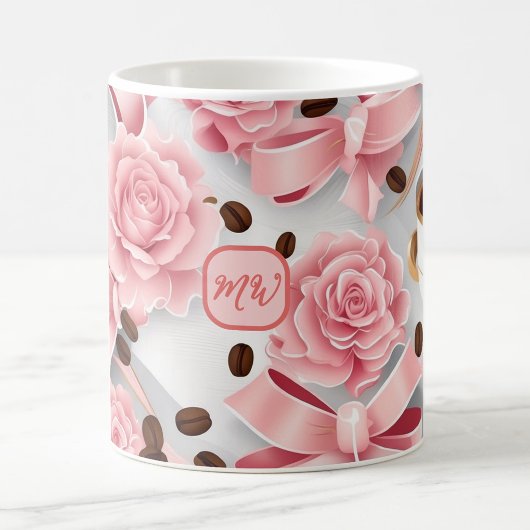 Elegante roze rozen, linten, bogen, monogrammen koffiemok