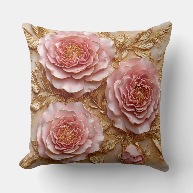 Elegante roze rozen met gouden bladeren kussen (Voorkant)