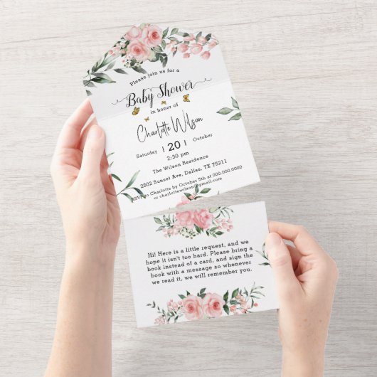 Elegante roze rozen met vlinders Baby shower All In One Uitnodiging (Afscheurbaar)